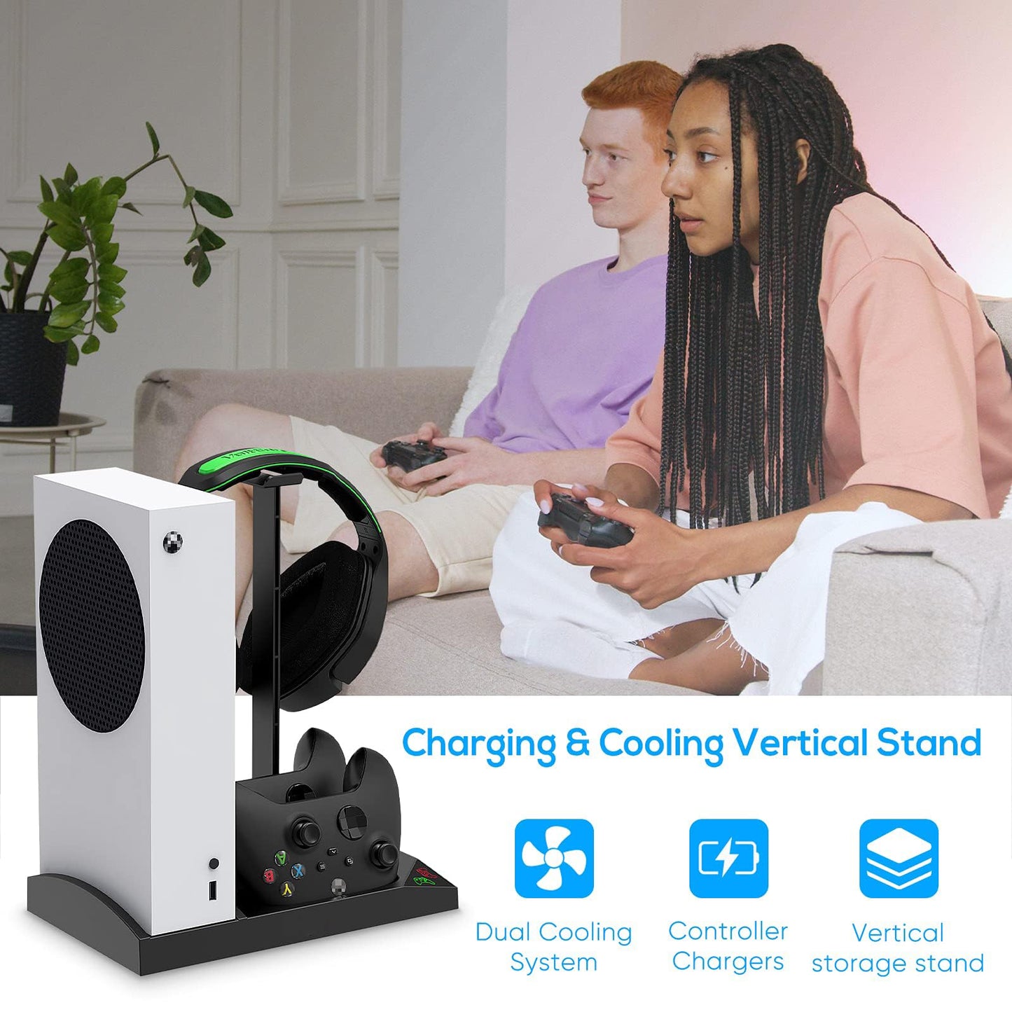 Charger Stand with Cooling Fan for Xbox Series S Console and Controller,Vertical Dual Charging Dock Accessories with 2 x 1400mAh Rechargeable Battery and Cover, Earphone Bracket for XSS(Black)