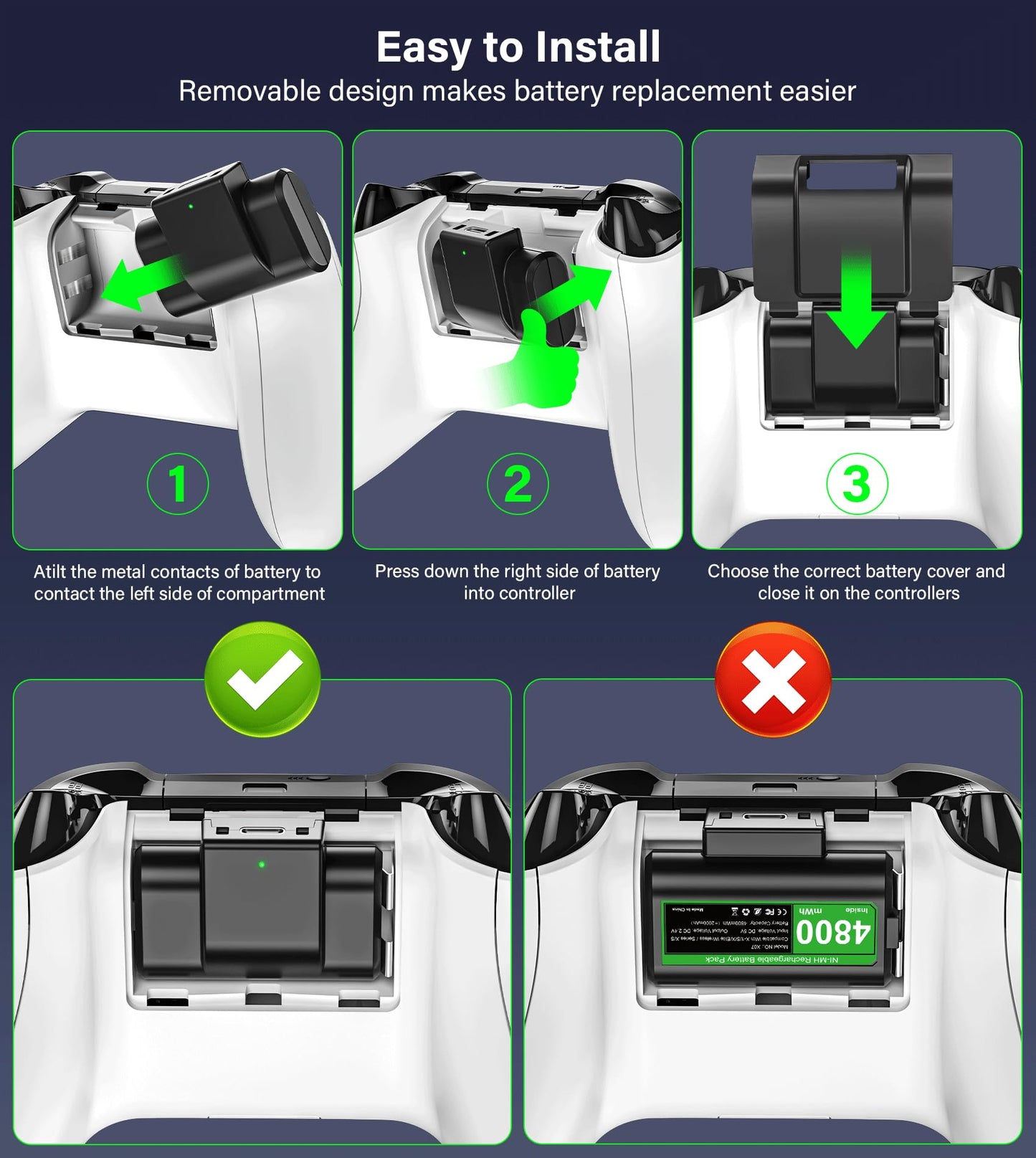 Rechargeable-Battery-Pack-for-Xbox-Controller, 2x4800mWh Batteries Pack with Charging Station for Xbox One/Xbox Series X|S Xbox One S/Xbox One X/Xbox One Elite Controller Charger Dock Accessories