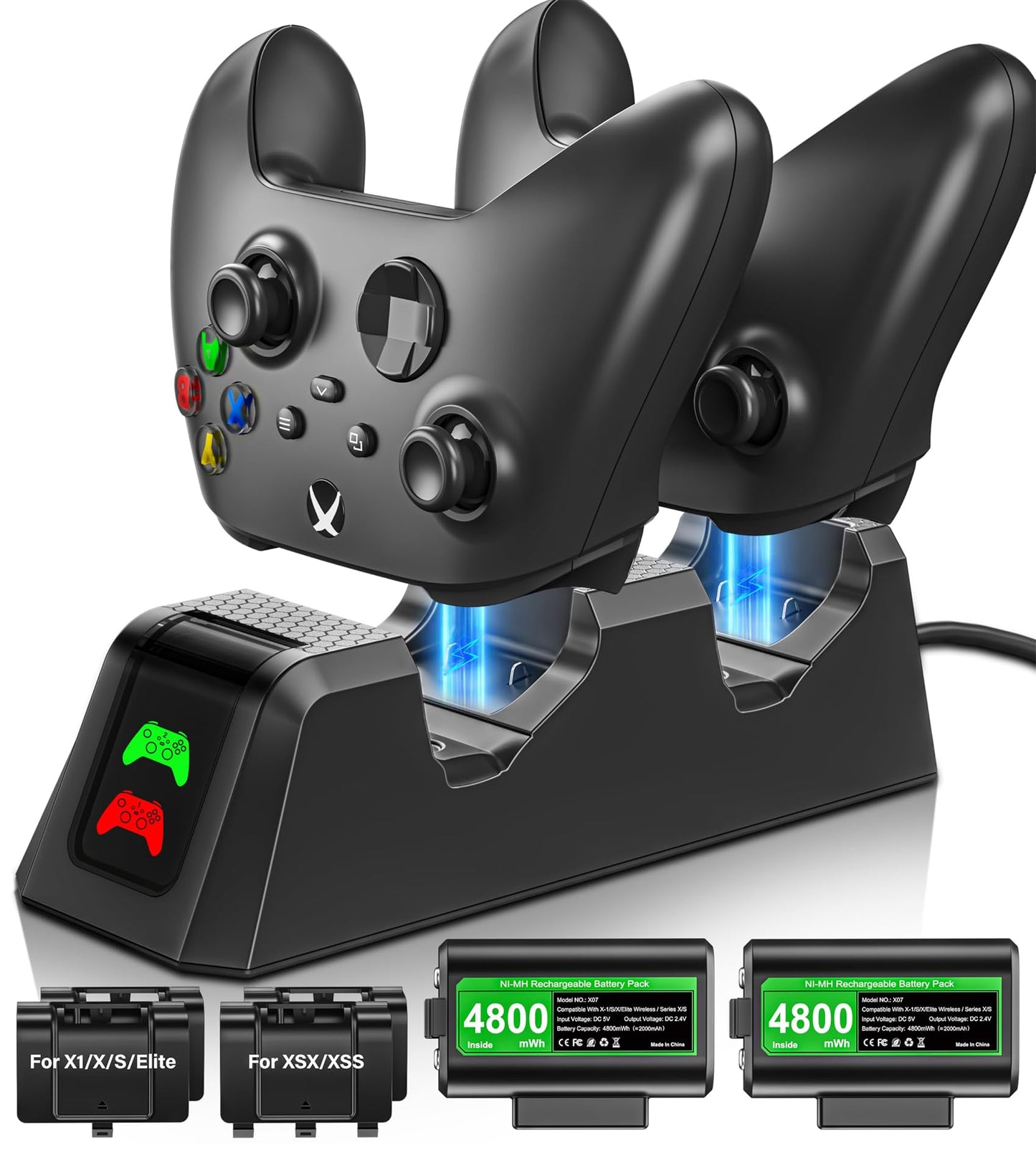 Rechargeable-Battery-Pack-for-Xbox-Controller, 2x4800mWh Batteries Pack with Charging Station for Xbox One/Xbox Series X|S Xbox One S/Xbox One X/Xbox One Elite Controller Charger Dock Accessories