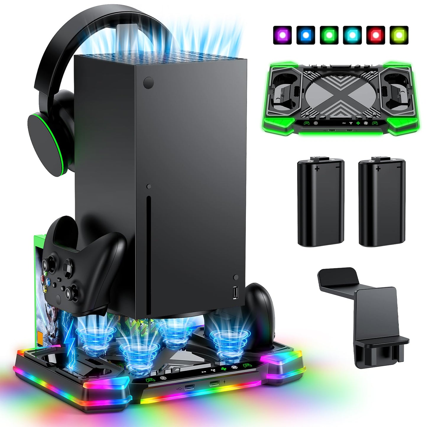 MENEEA Upgraded Charger-Stand Cooling-Fan for Xbox Series X, Dual Wireless Charger Dock Cooler System for Xbox Controller& Console,Accessories with 11 RGB Light Modes,2x1400mAh Rechargeable Batteries